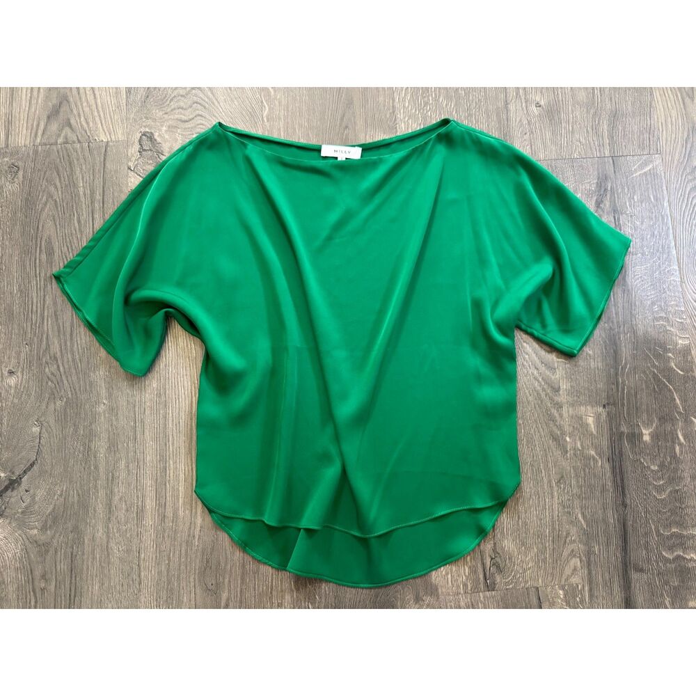 MILLY Silk Boat Scoop Neck Emerald Green Drapey Blouse Top Shirt Short Sleeve S